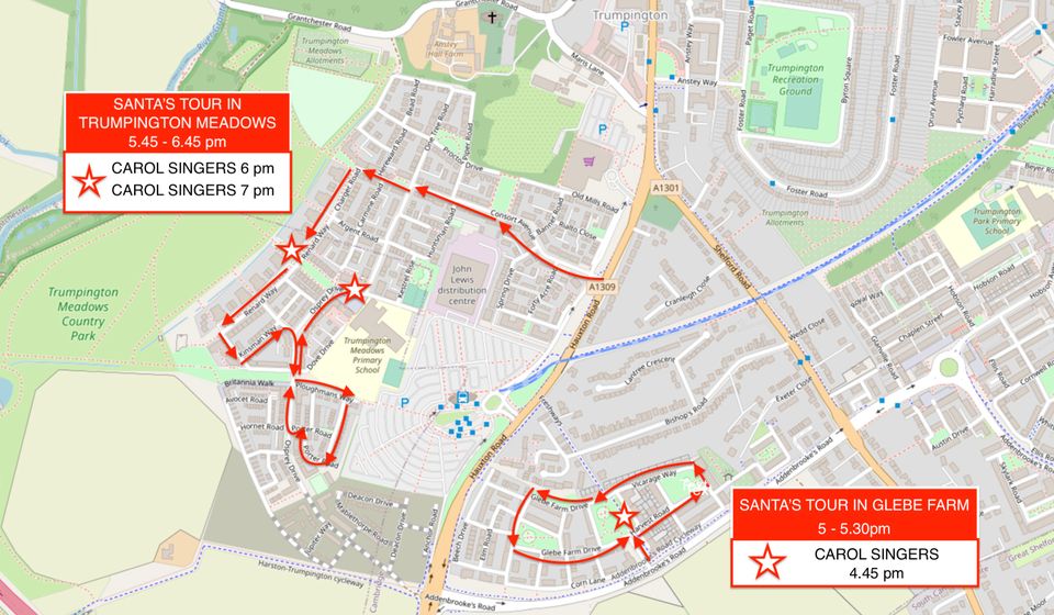 Santa's route for the Santa On Tour event - Saturday 11th December, 5pm - 8.30pm